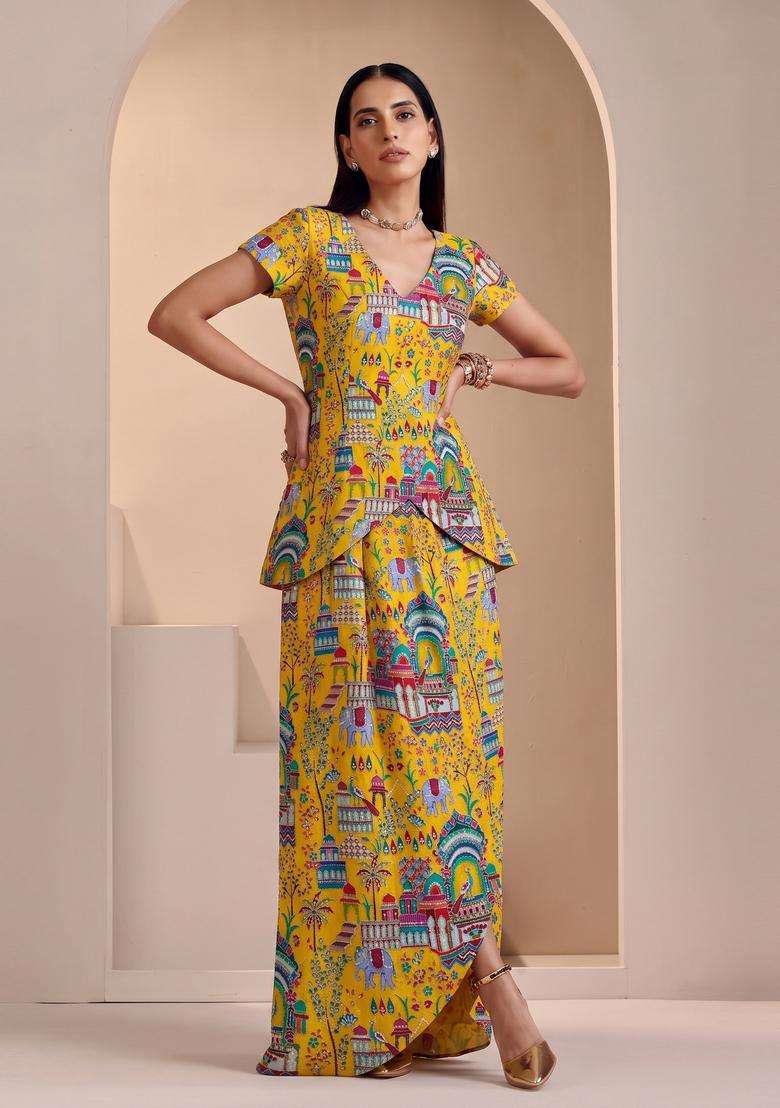 Mustard Yellow Printed Crepe Fusion Set - Indya