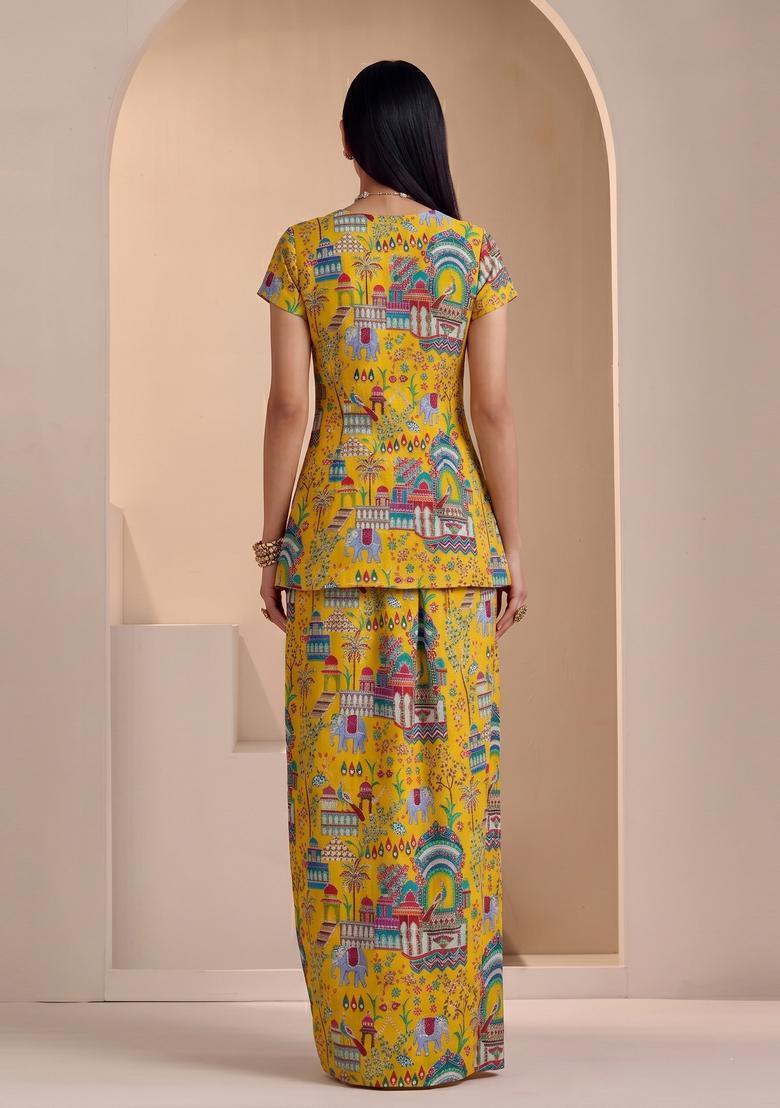 Mustard Yellow Printed Crepe Fusion Set - Indya