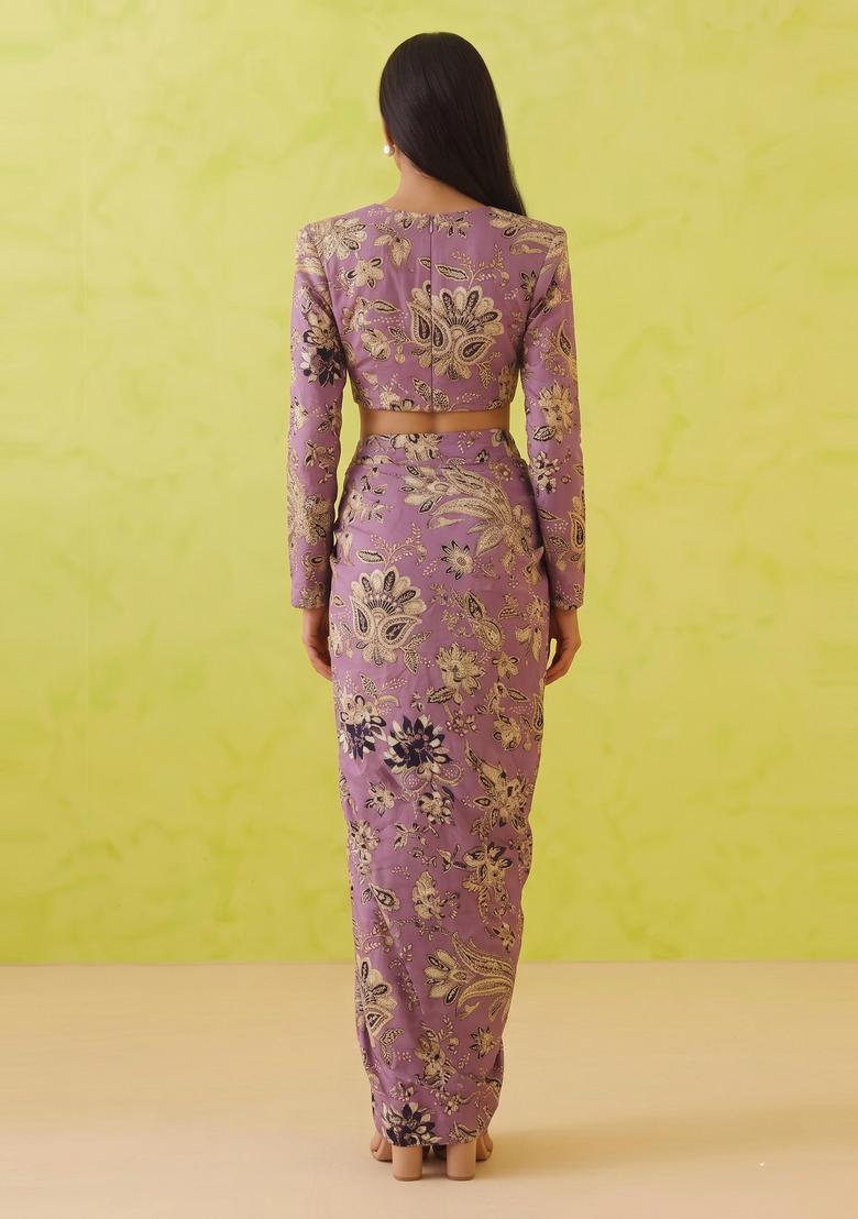 Lilac Printed Crepe Fusion Set - Indya