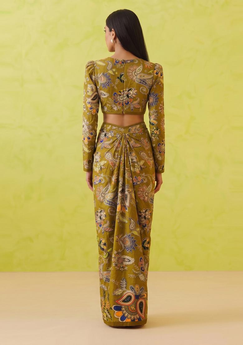 Olive Green Printed Crepe Fusion Set - Indya