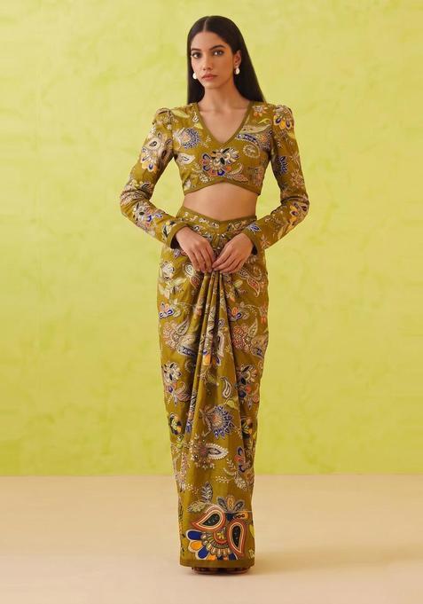 Olive Green Printed Crepe Fusion Set