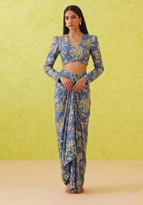 Dusty Blue Printed Crepe Fusion Set