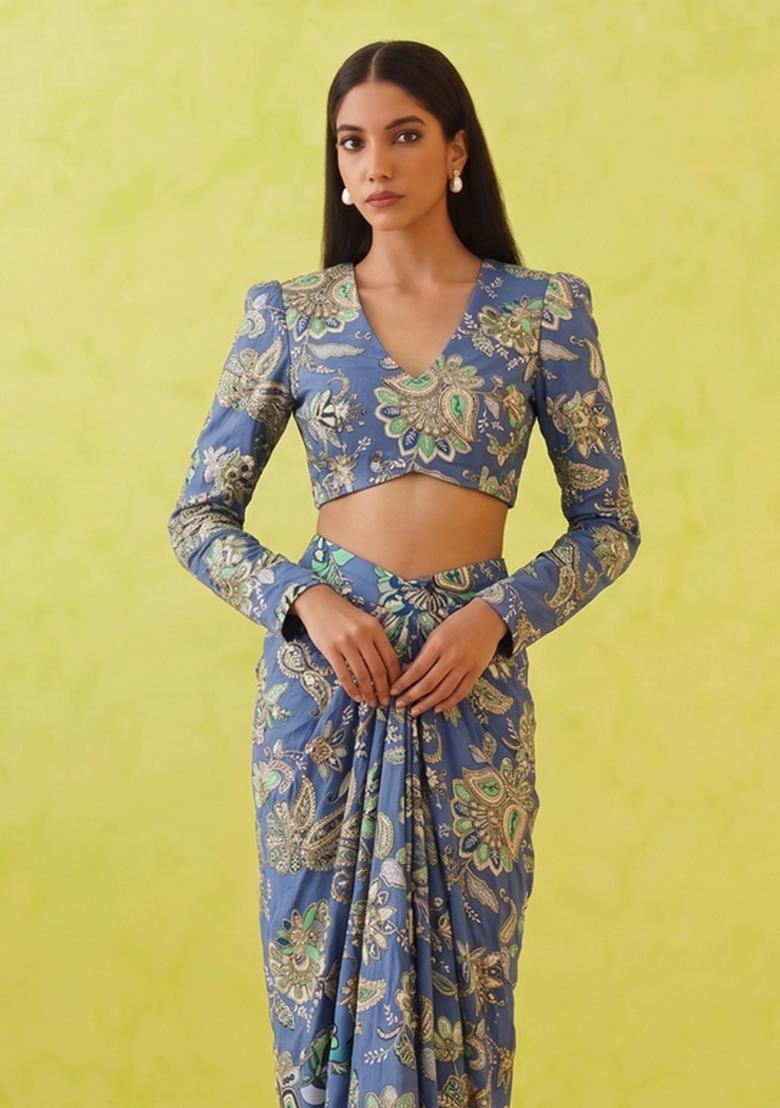 Dusty Blue Printed Crepe Fusion Set - Indya