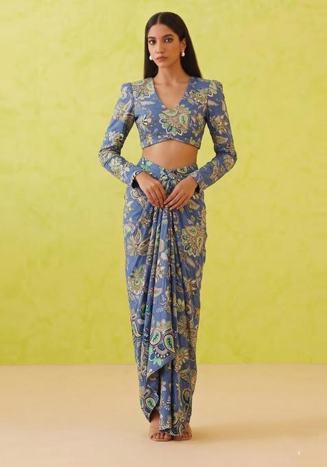 Dusty Blue Printed Crepe Fusion Set