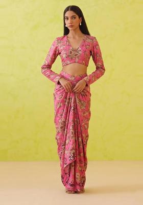 Pink Printed Crepe Pre Draped Saree Set