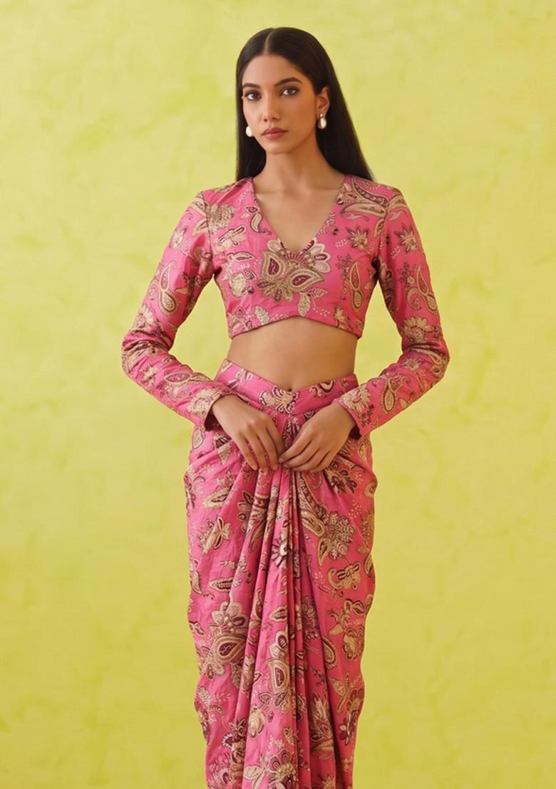 Pink Printed Crepe Pre Draped Saree Set - Indya
