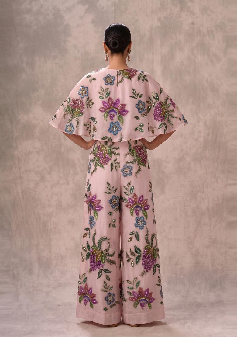 Pastel Pink Embroidered Organza Fusion Set - Indya