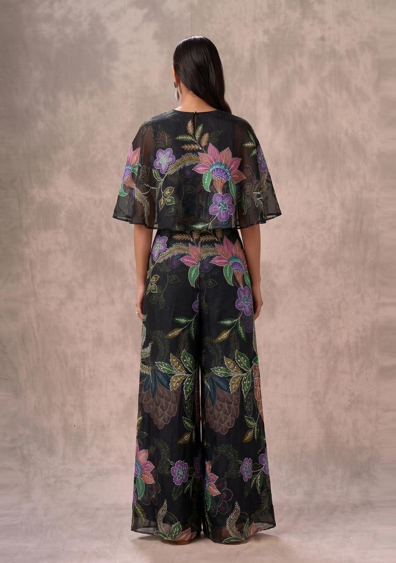 Black Embroidered Organza Fusion Set - Indya