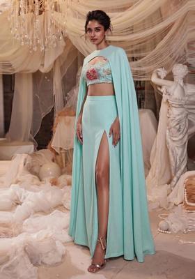 Mint Green Embroidered Organza Fusion Set