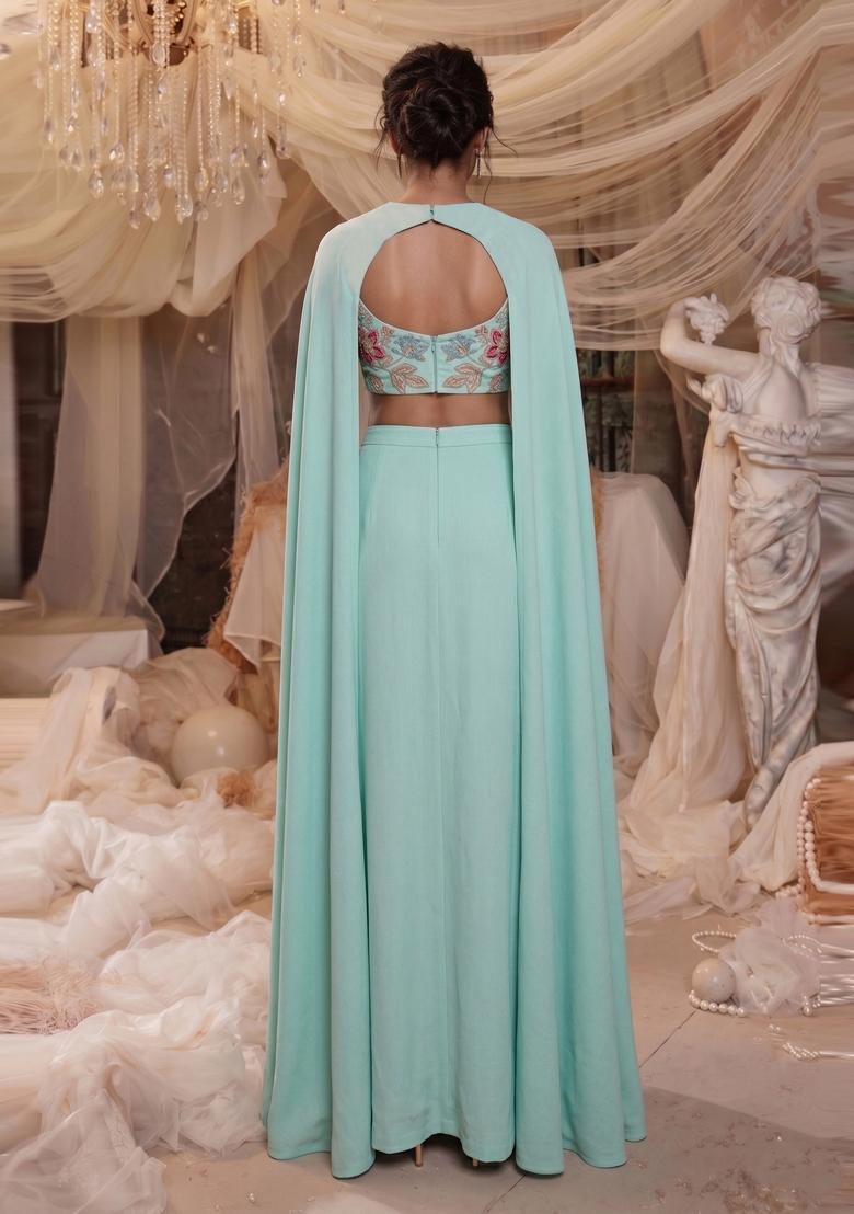 Mint Green Embroidered Organza Fusion Set - Indya
