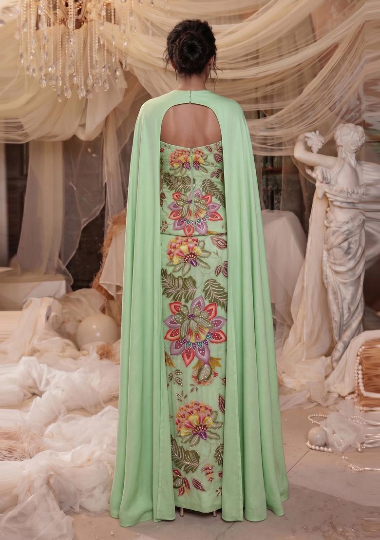 Lime Green Embroidered Organza Fusion Set - Indya