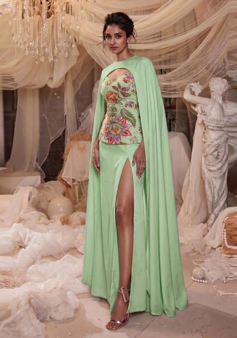 Lime Green Embroidered Organza Fusion Set