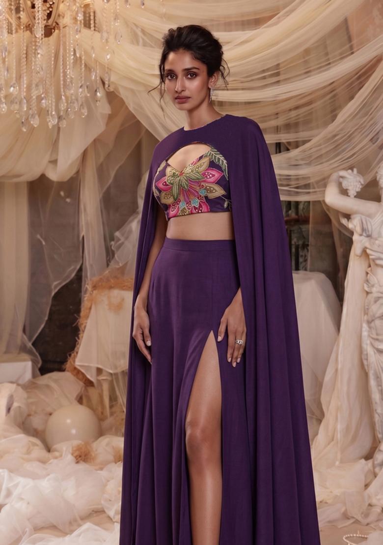 Deep Purple Embroidered Organza Fusion Set - Indya