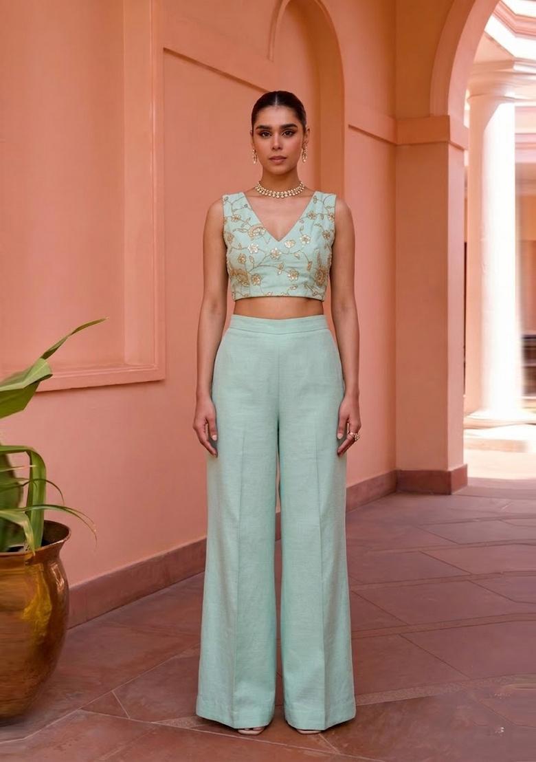 Mint Green Embroidered Tissue Fusion Set - Indya