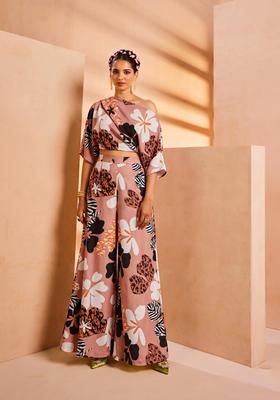 Peach Printed Crepe Fusion Set