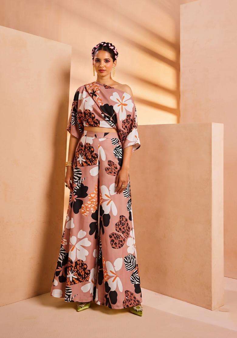 Peach Printed Crepe Fusion Set - Indya
