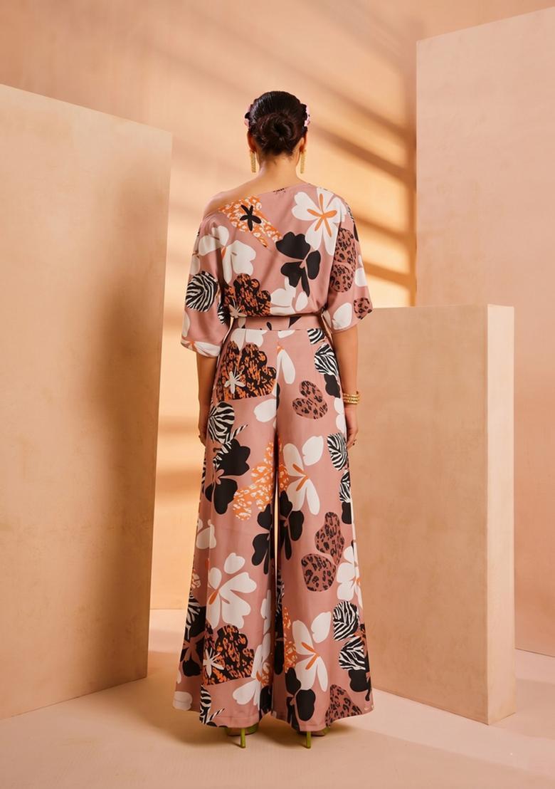 Peach Printed Crepe Fusion Set - Indya