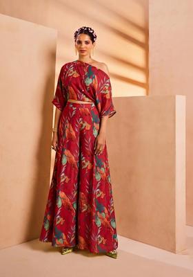 Red Printed Crepe Fusion Set