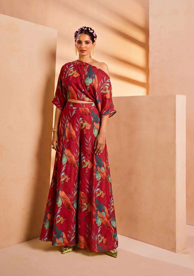 Red Printed Crepe Fusion Set - Indya