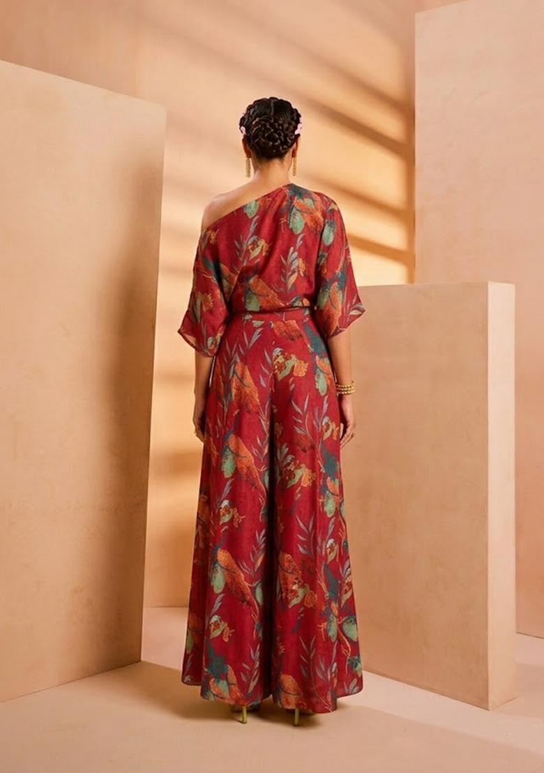 Red Printed Crepe Fusion Set - Indya