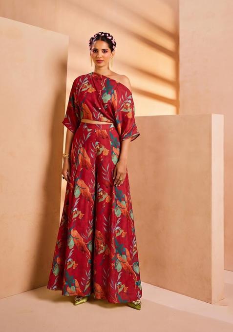 Red Printed Crepe Fusion Set