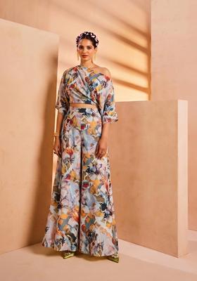 Grey Printed Crepe Fusion Set