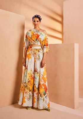 Orange Printed Crepe Fusion Set