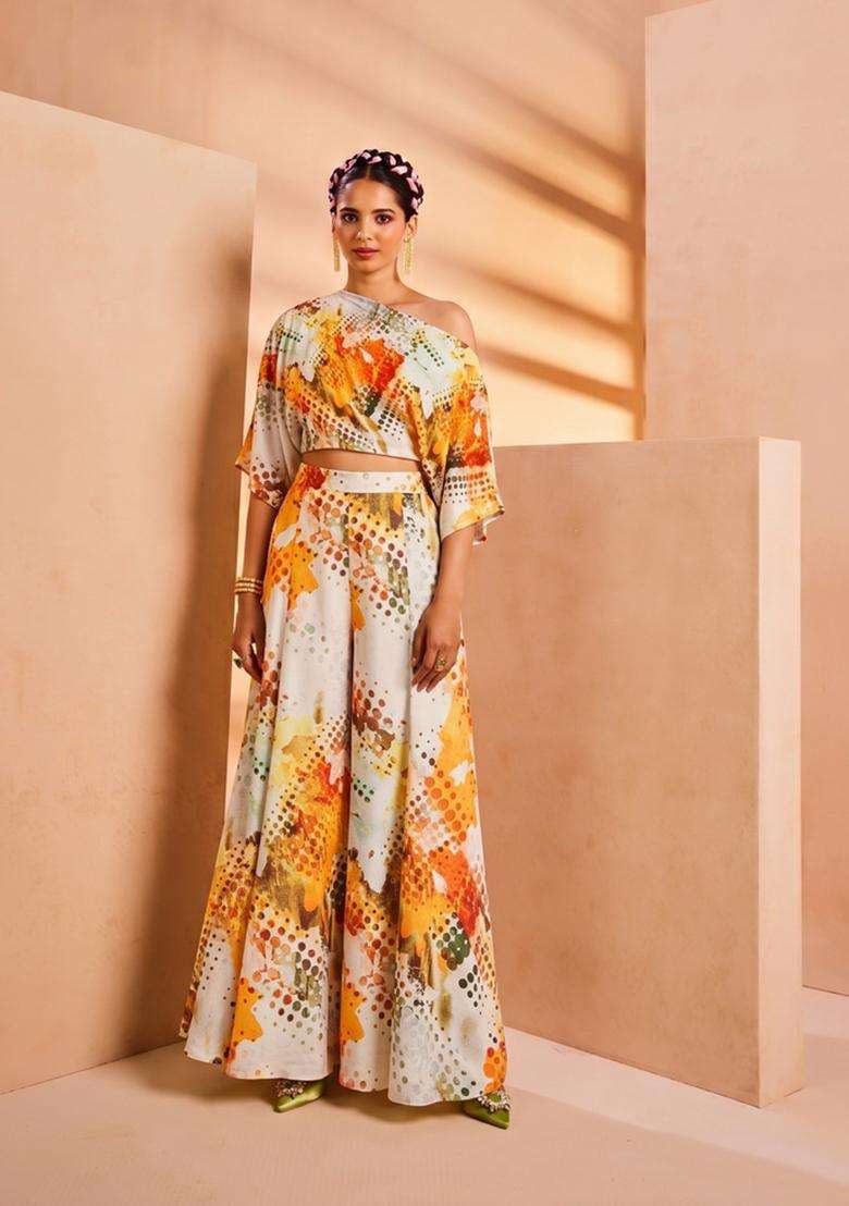 Orange Printed Crepe Fusion Set - Indya