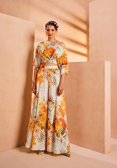 Orange Printed Crepe Fusion Set