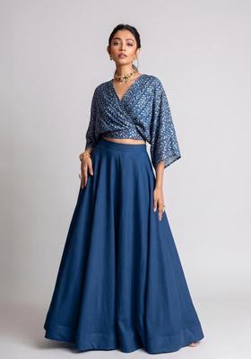 Navy Blue Printed Chiffon Lehenga Set