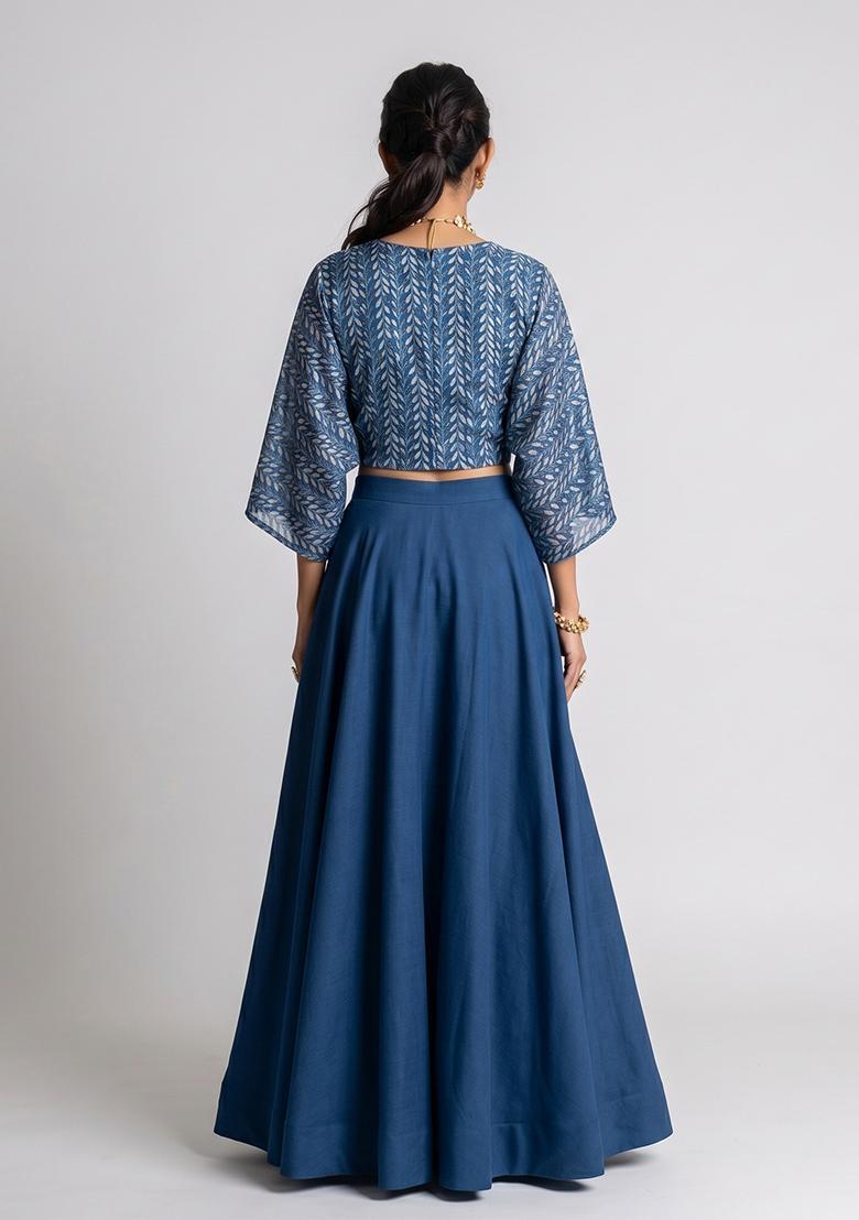 Navy Blue Printed Chiffon Lehenga Set - Indya