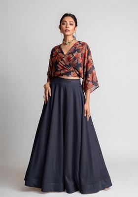 Grey Printed Chiffon Lehenga Set
