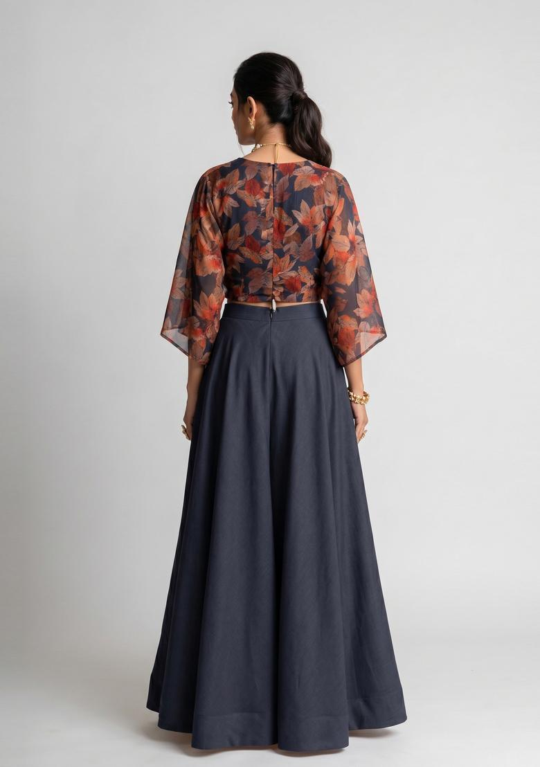 Grey Printed Chiffon Lehenga Set - Indya