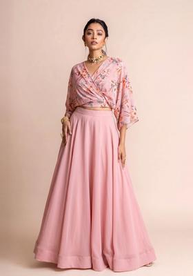 Soft Pink Printed Chiffon Lehenga Set