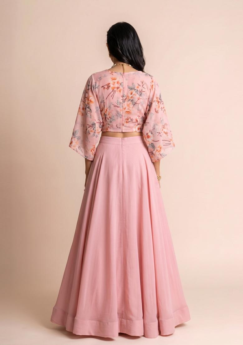 Soft Pink Printed Chiffon Lehenga Set - Indya