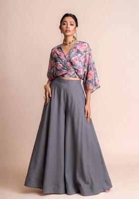 Grey Printed Chiffon Lehenga Set