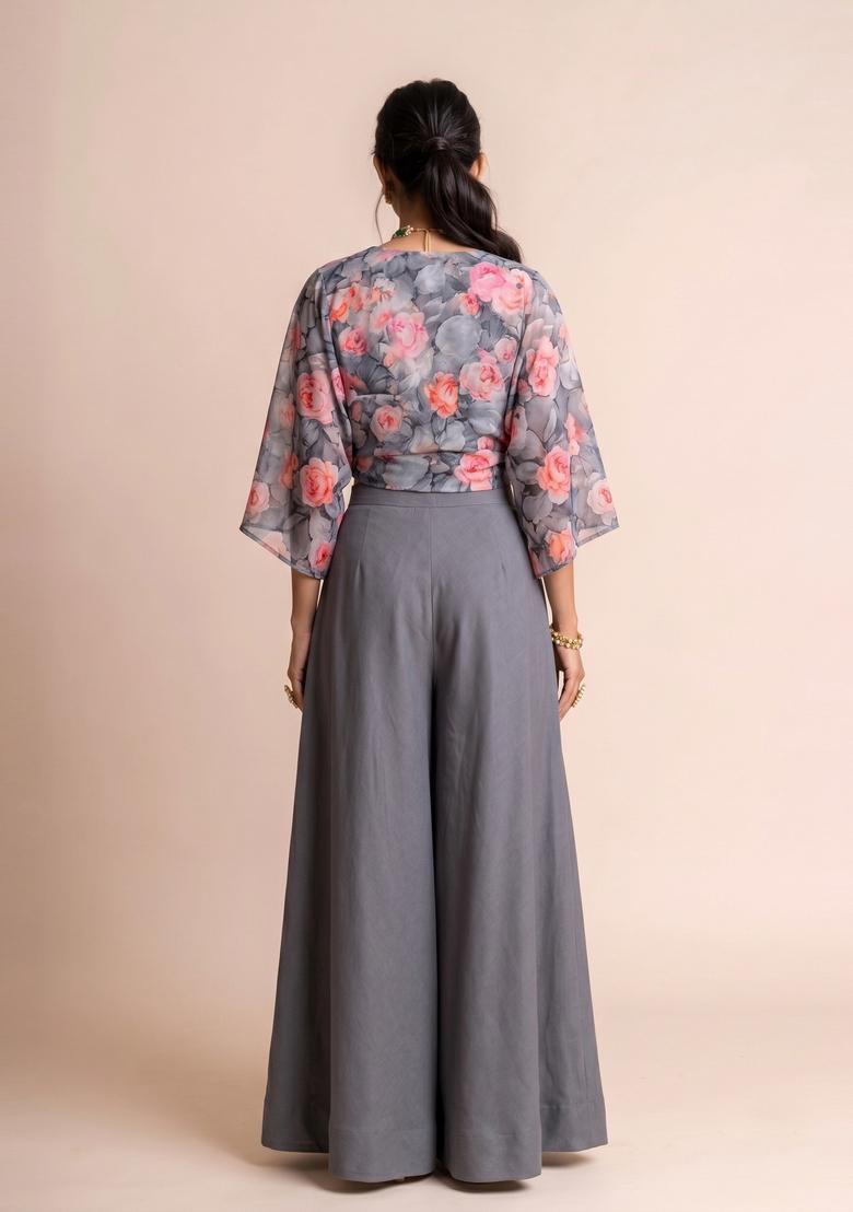 Grey Printed Chiffon Lehenga Set - Indya