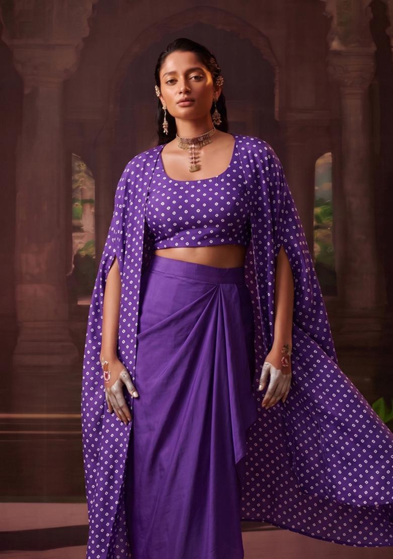 Purple Printed Crepe Fusion Set - Indya
