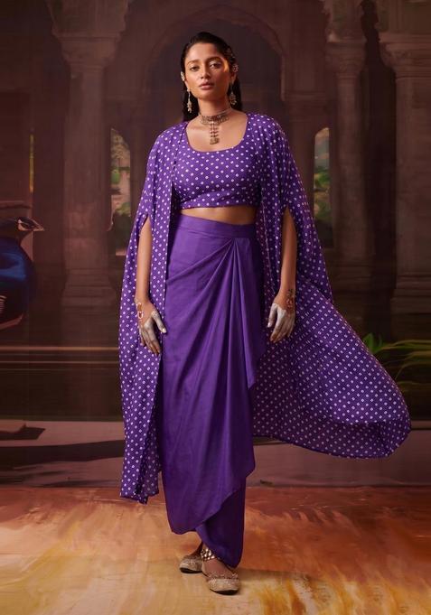 Purple Printed Crepe Fusion Set