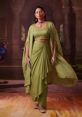 Olive Green Printed Crepe Fusion Set