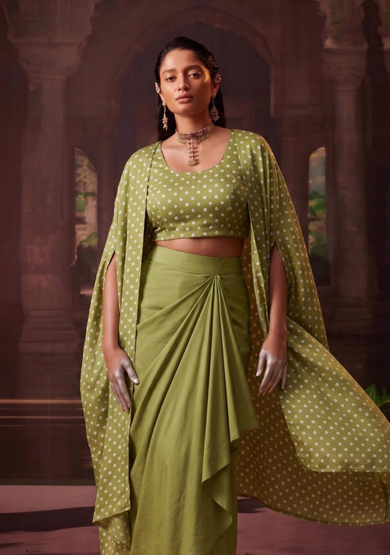 Olive Green Printed Crepe Fusion Set - Indya