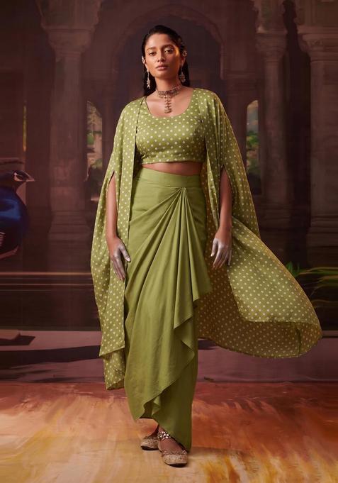 Olive Green Printed Crepe Fusion Set