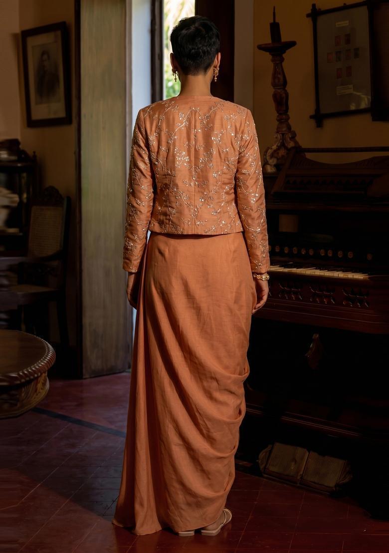 Orange Embroidered Organza Fusion Set - Indya