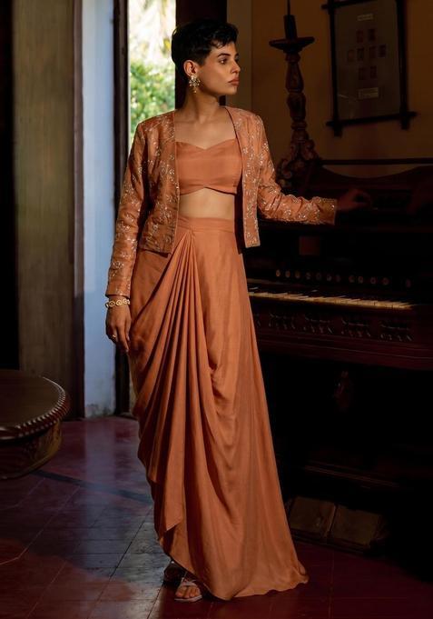 Orange Embroidered Organza Fusion Set