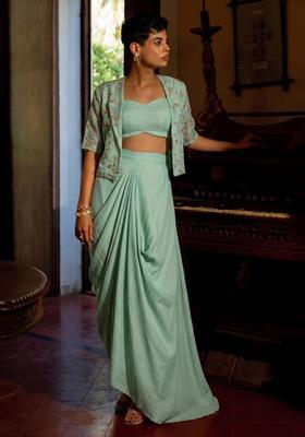 Mint Embroidered Organza Fusion Set