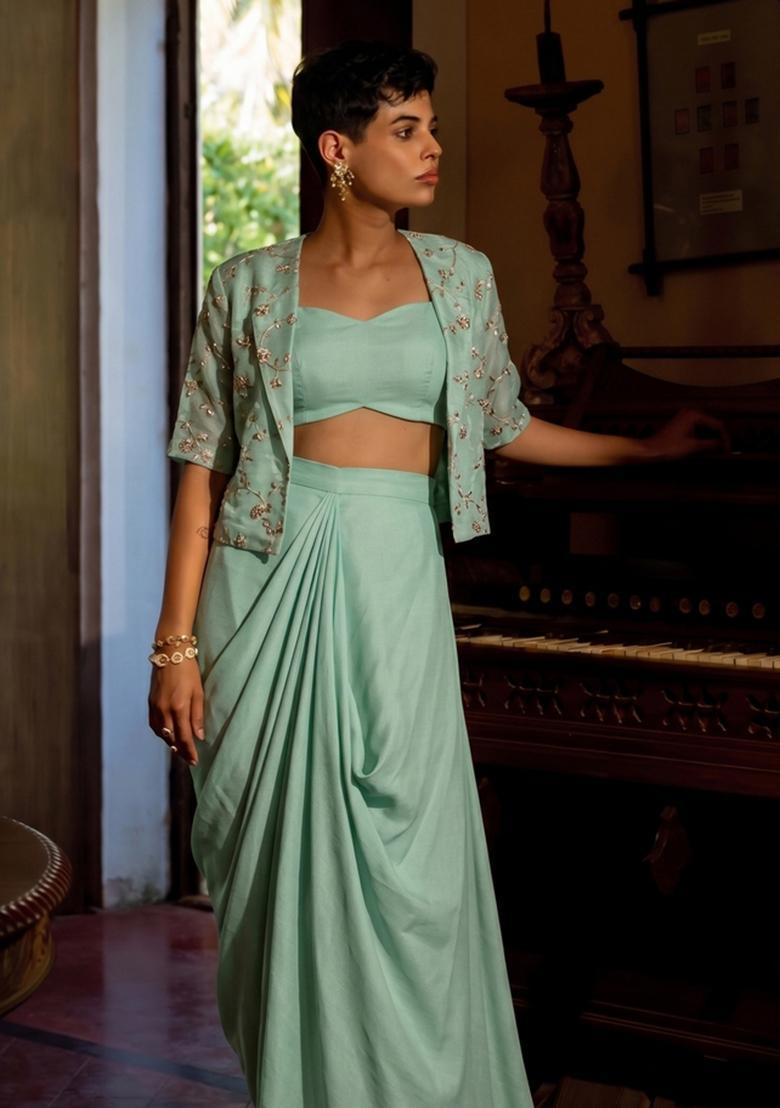 Mint Embroidered Organza Fusion Set - Indya
