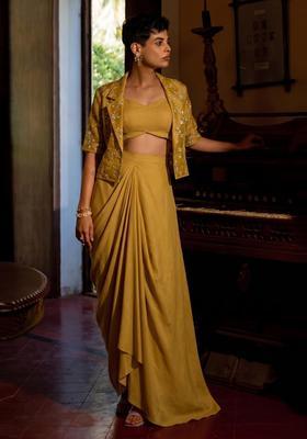 Mustard Yellow Embroidered Organza Fusion Set