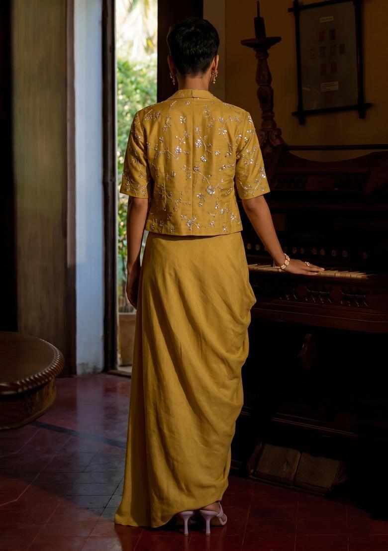 Mustard Yellow Embroidered Organza Fusion Set - Indya