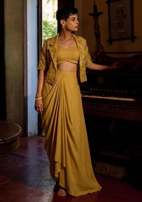 Mustard Yellow Embroidered Organza Fusion Set