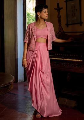 Pink Embroidered Organza Fusion Set